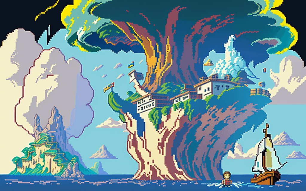 AI generated: 
16 bit pixel art, epic composition of a explorer in a boat reaching an island in the clouds, by stu...