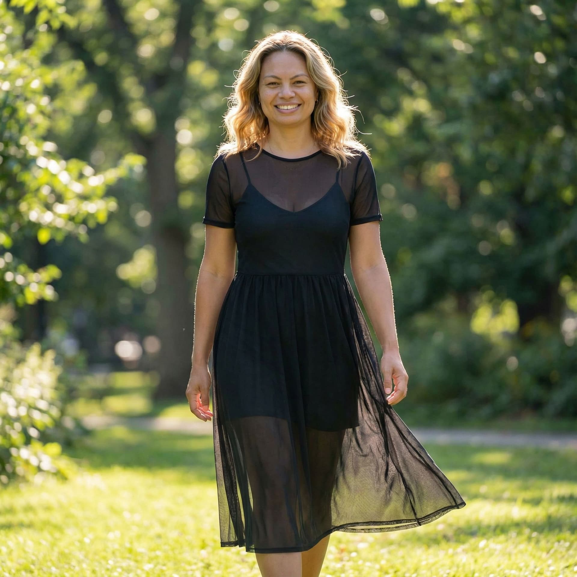 AI generated: Truly beautiful confident woman wearing a sheer dress outdoors