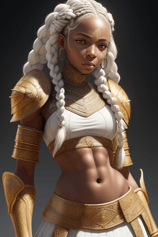 AI generated: White braids, intricate Ashanti armor, detailed gorgeous face, beautiful African girl, medium length...