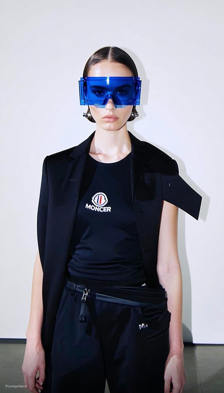 AI generated: Fashion shoot, Jacquemus and Moncler collaboration: dark blue translucent futuristic sunglasses, hyp...