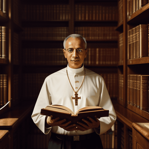 AI generated: portrait of a male priest of hesinde inside a temple library