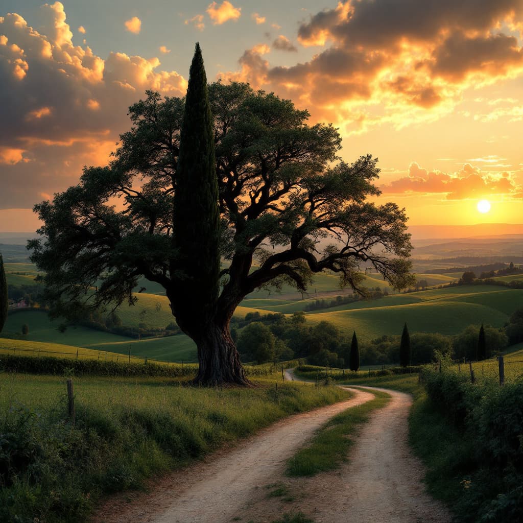 AI generated: A picturesque sunset over the rolling hills of Tuscany, Italy. The sky is painted in hues of orange ...