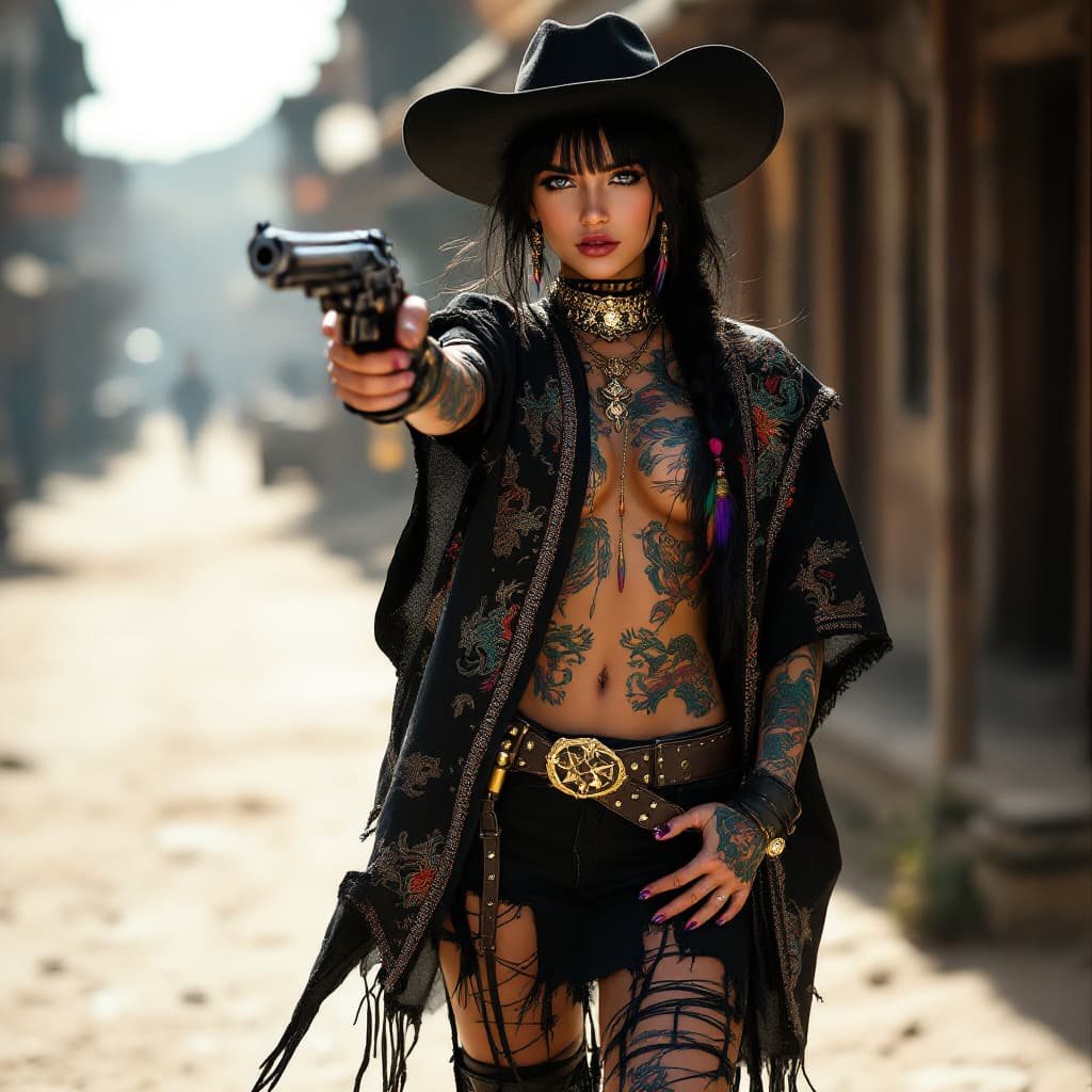 AI generated: Full body photo HD beautiful Mexican girl standing in an old west street, wearing a black Stetson wi...