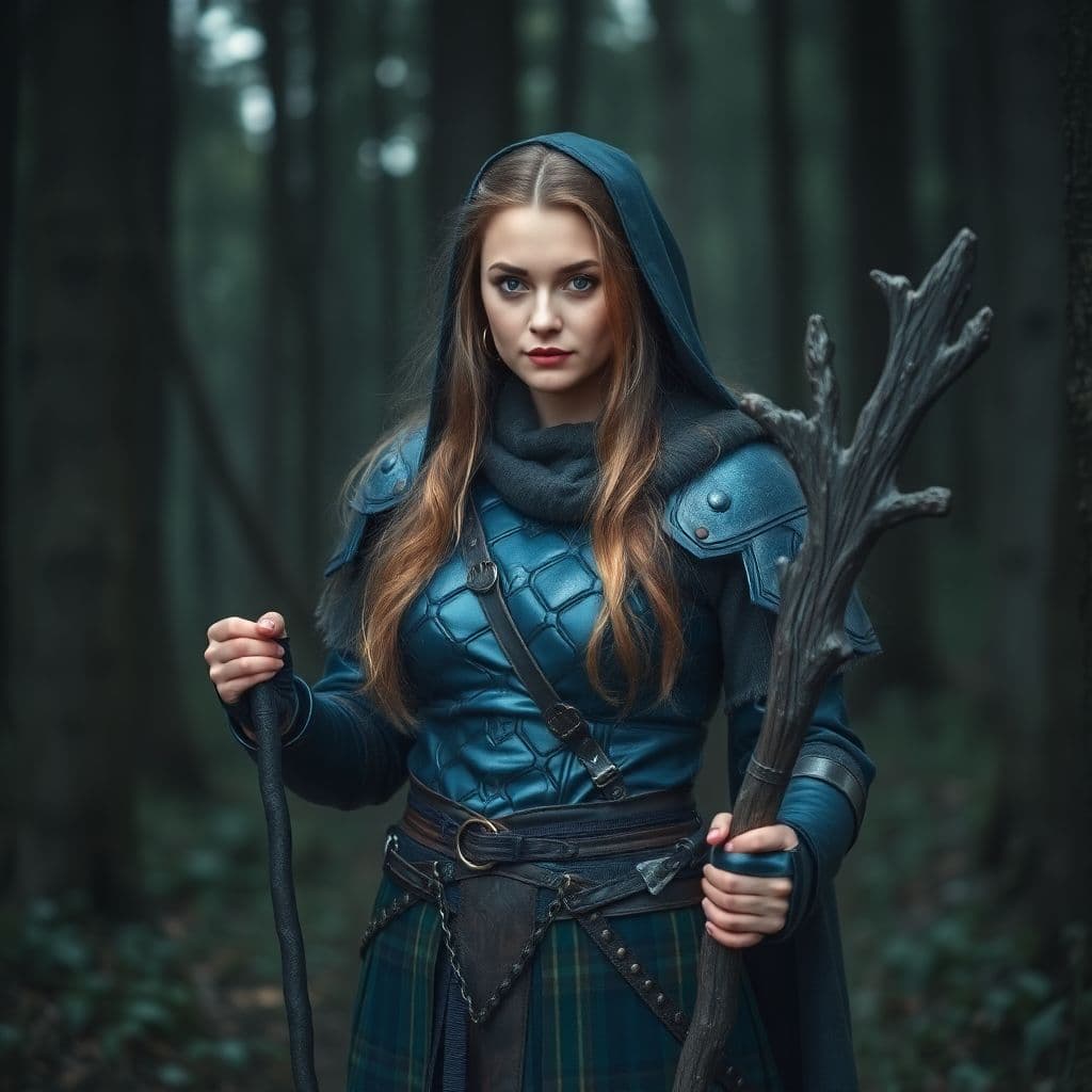 AI generated: A Nordic female witch, dressed in a medieval warrior costume, blue metal armor, in the middle of the...