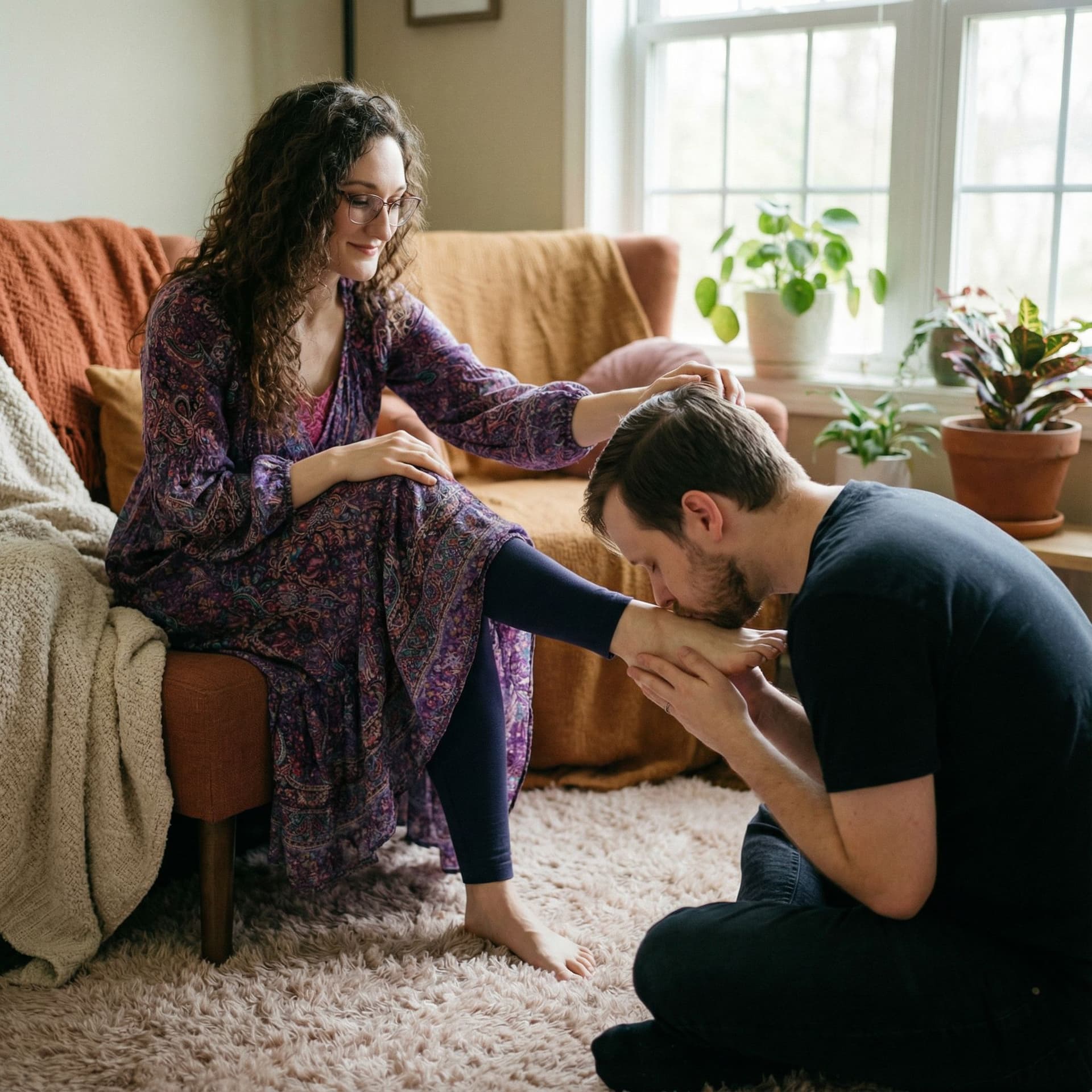 AI generated: A romantic, artistic scene of a couple — man gently kissing wife’s foot — in soft lighting, wife wat...