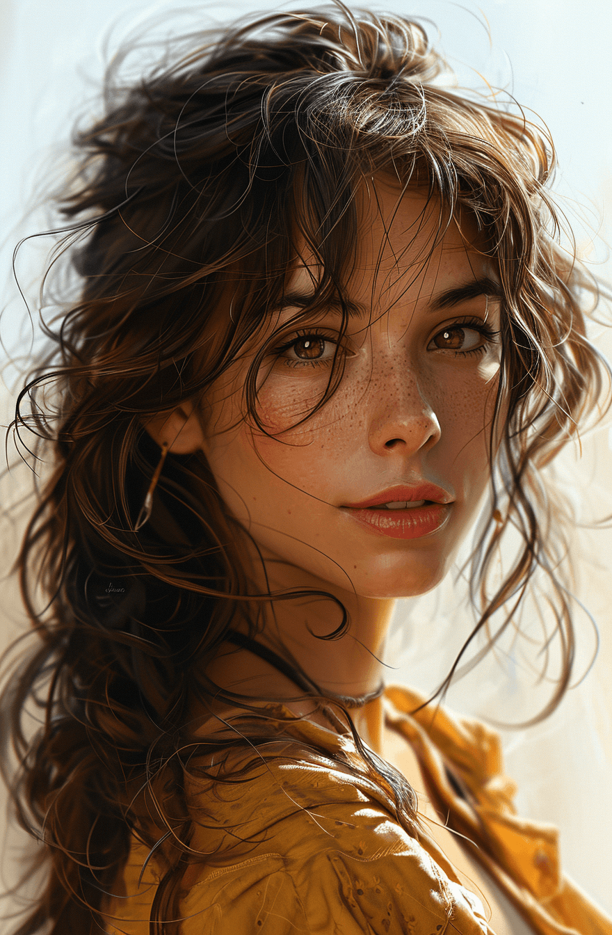 AI generated: an illustration of a woman with long brown hair, in the style of ingrid baars, j. scott campbell, da...