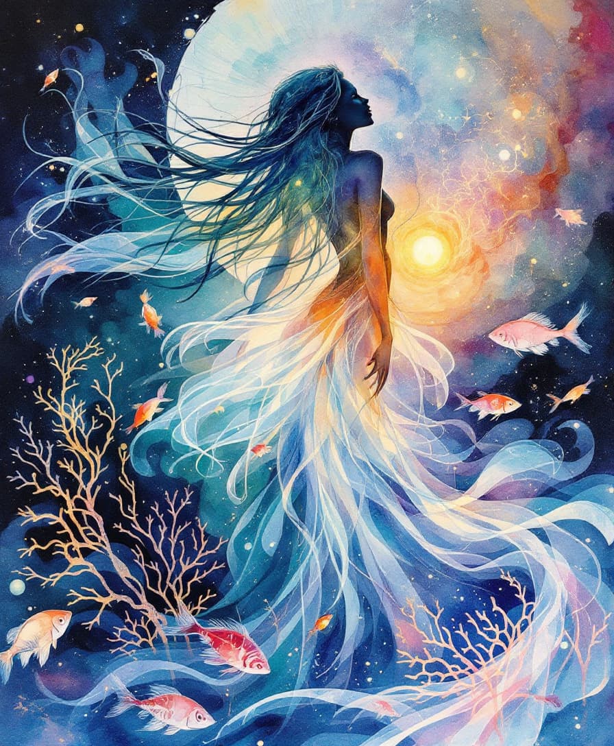 AI generated: Image is a hand painted watercolor ink wash and acrylic  Underwater themed, rebirth, new life, sea a...