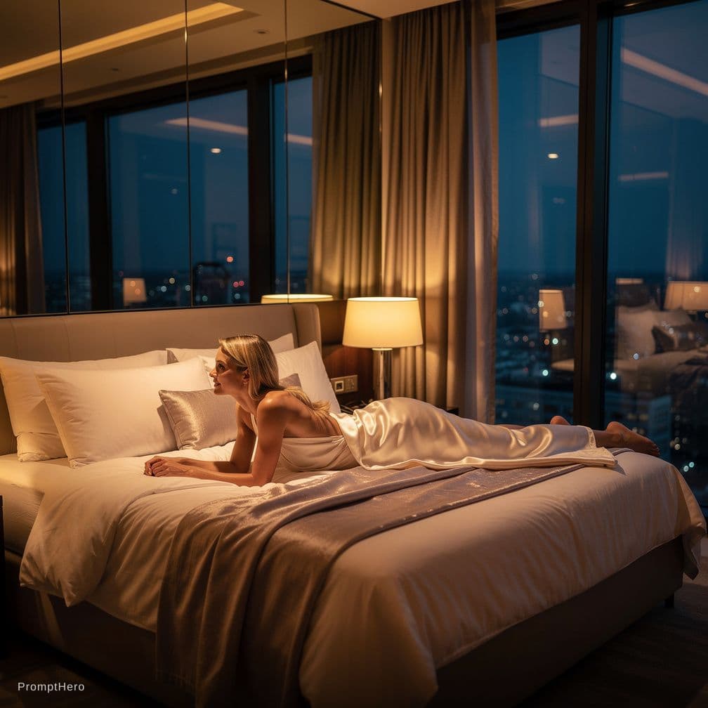 AI generated: blonde attractive Caucasian nude slender wife, lying in bed on belly, luxurious penthouse, evening t...