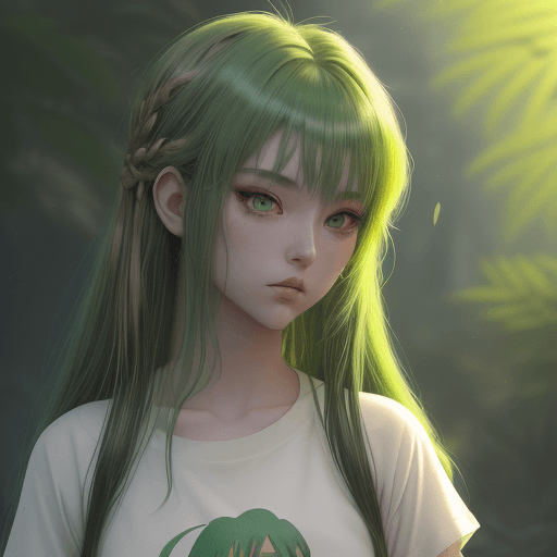 AI generated: girl with green hair highlights in small translucent t-shirt, long brown hair, in the style of hyper...