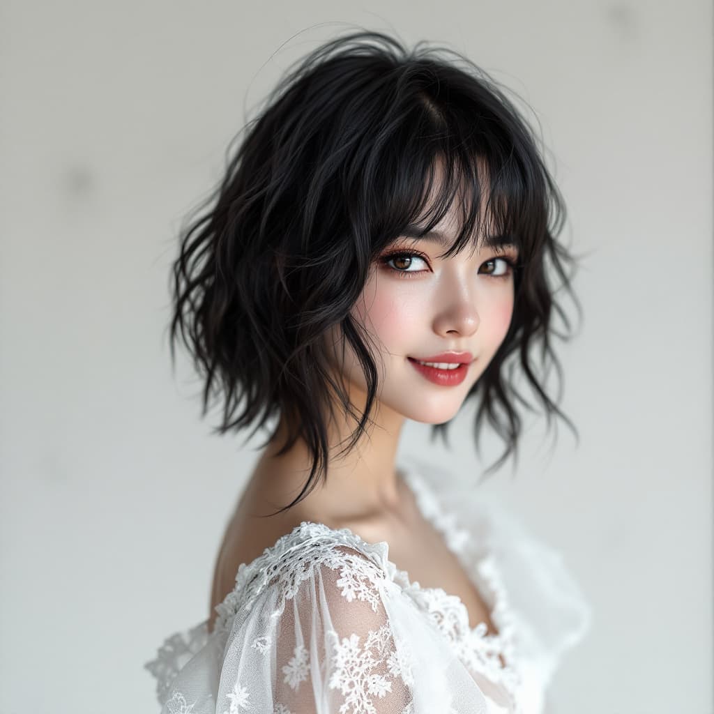 AI generated: Japanese girl  realistic, female,beautiful charismatic girl,  short wavy peppered hair, smiling,wear...