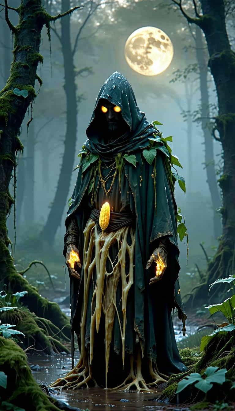 AI generated: "A small humanoid corn priest standing in a foggy medieval forest under the pale moonlight. His body...