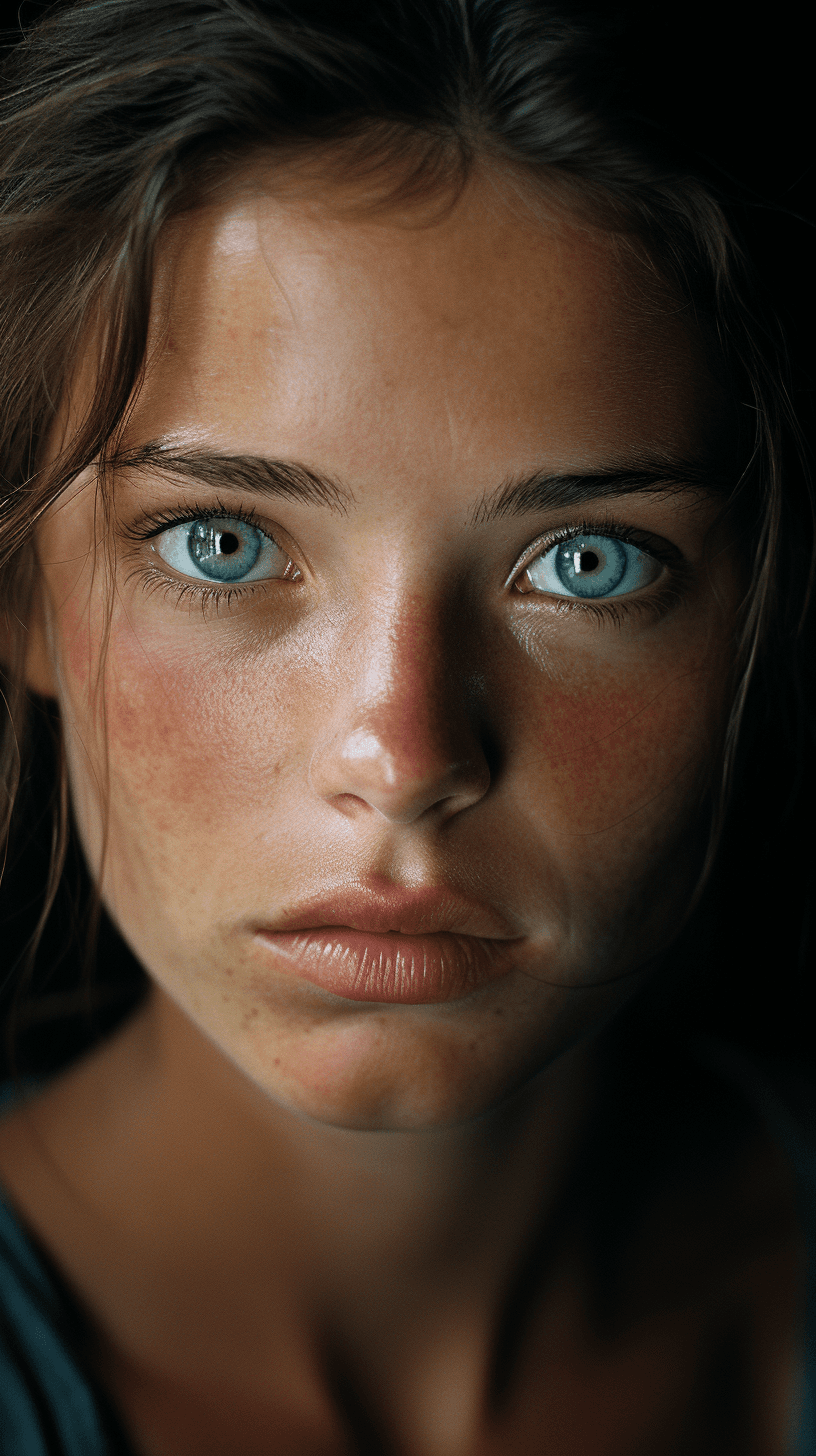 AI generated: colors, sharp light blue eyes, A soul-stirring close-up portrait of a woman, grins, her grace enhanc...
