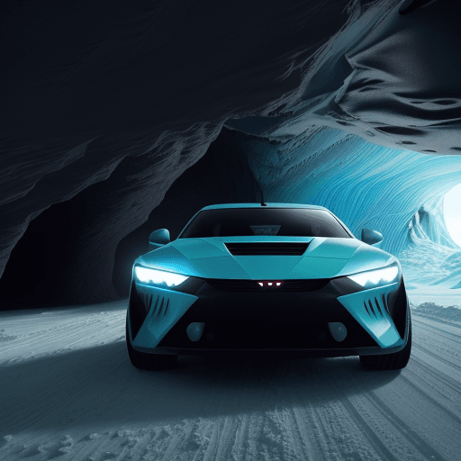 AI generated: Drifting Photography of a DMC12 car drifting through a Martian ice cave, the planet's thin atmospher...