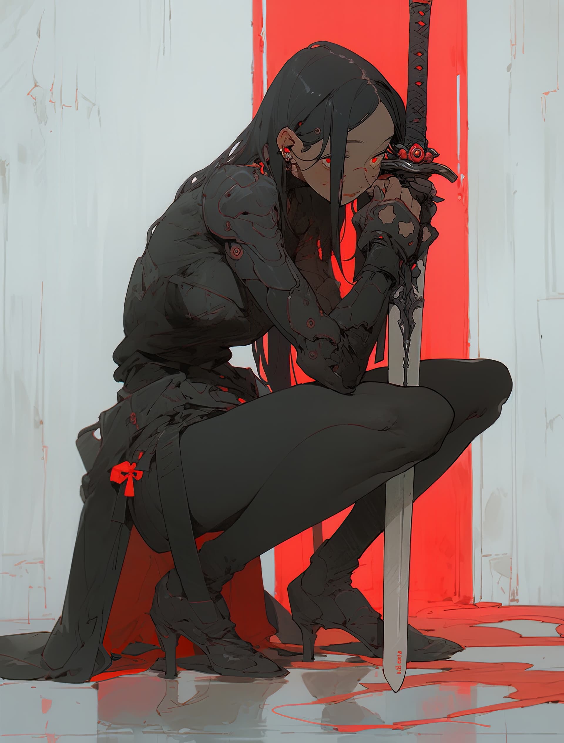 AI generated: a girl kneels down behind a wall holding a sword, in the style of cybergoth, red threads, midwest go...
