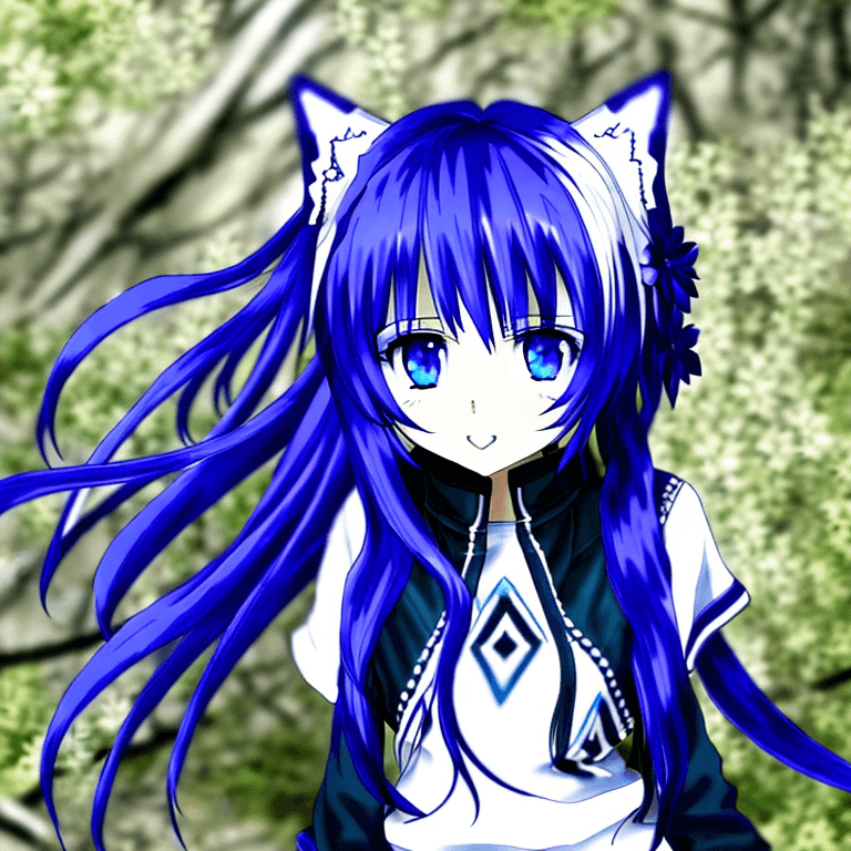 AI generated: anime wolf girl with dark blue and white hair