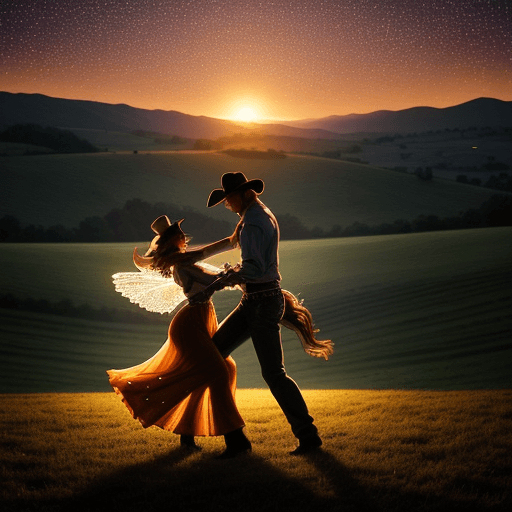 AI generated: a cowboy dancing with his girl under fairy lights at sunset with rolling hills in the back and his h...