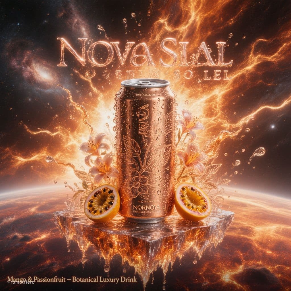 AI generated: Hyperrealistic 8K cinematic product photography of a sleek 
premium beverage can labeled "NOVA ELIXI...