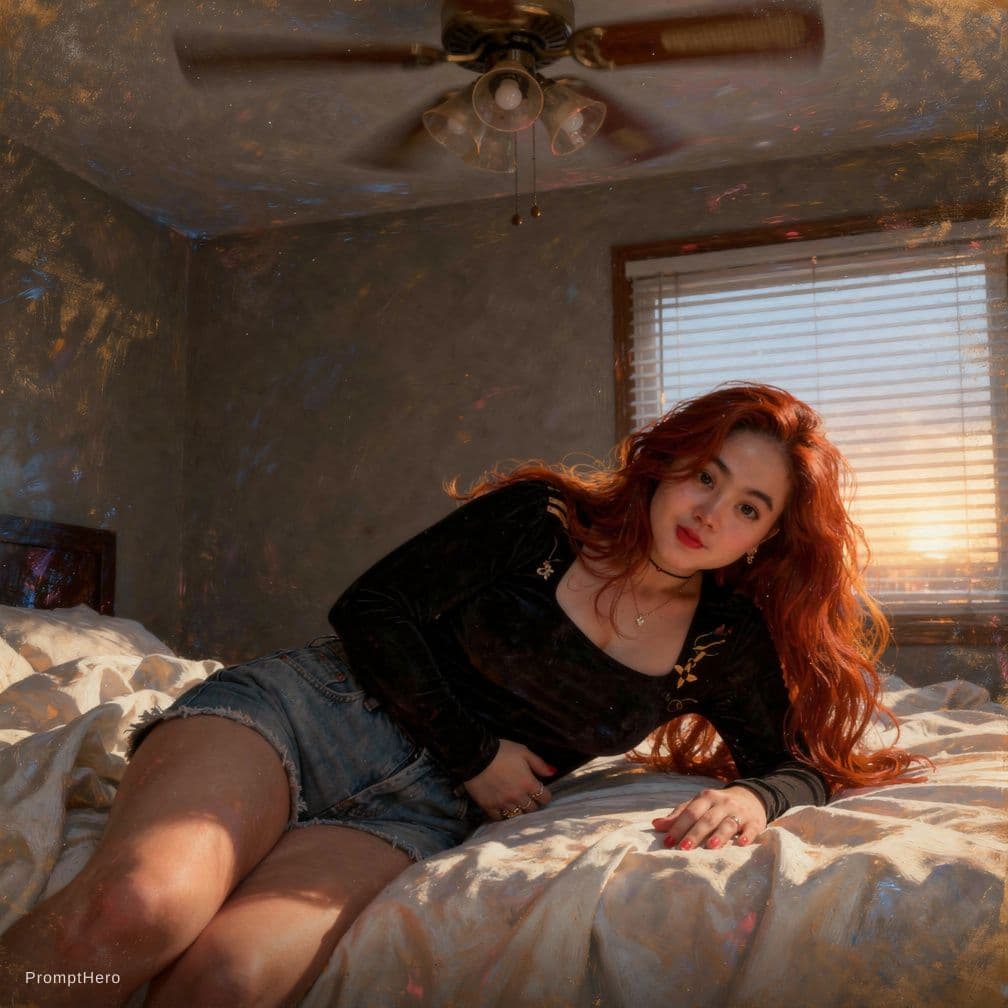 AI generated: A woman with long, tousled red hair cascading in loose waves over her shoulders lies sprawled across...