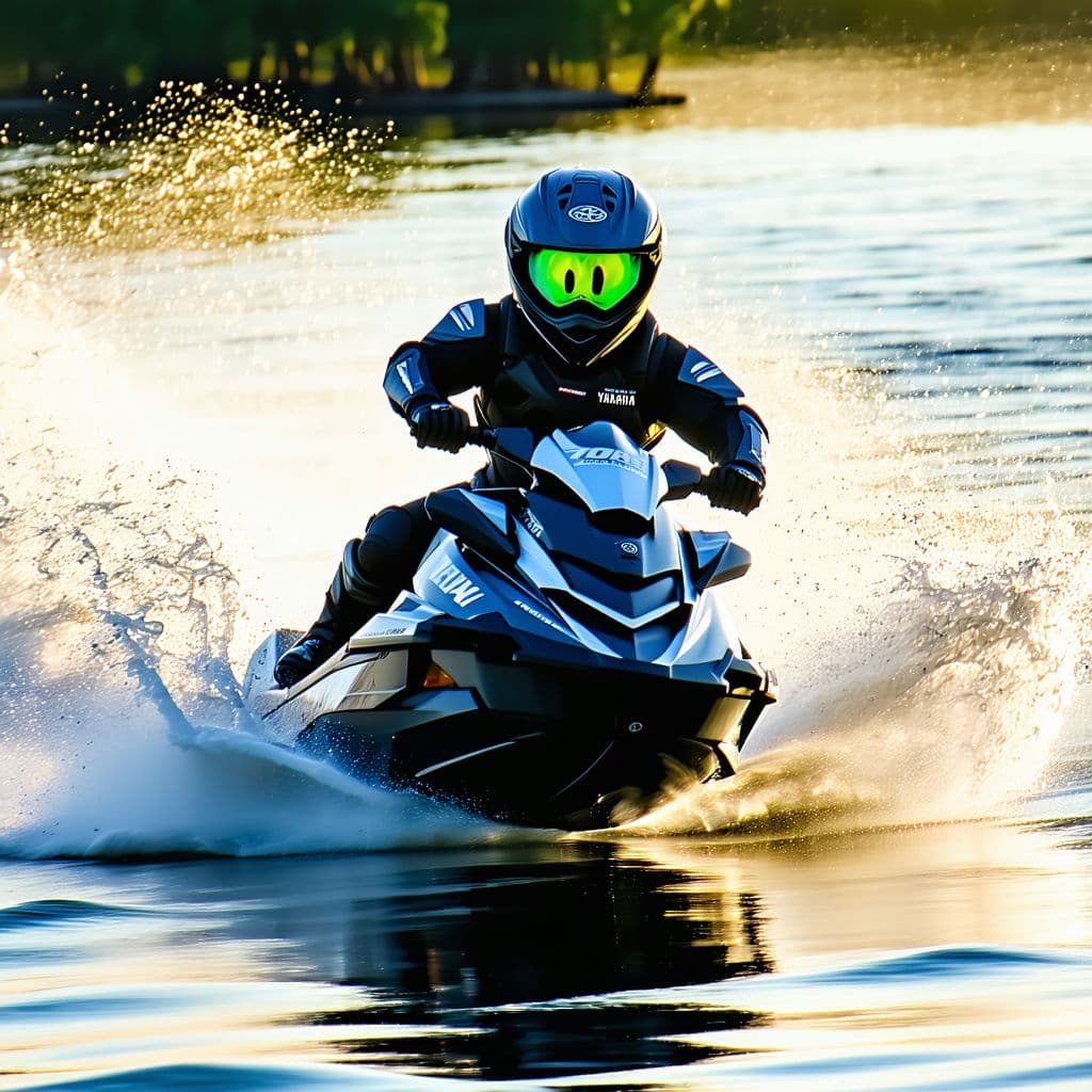AI generated: photography, sports shooting, dynamic range, dynamic motion with yamaha fx svho jetski black in colo...
