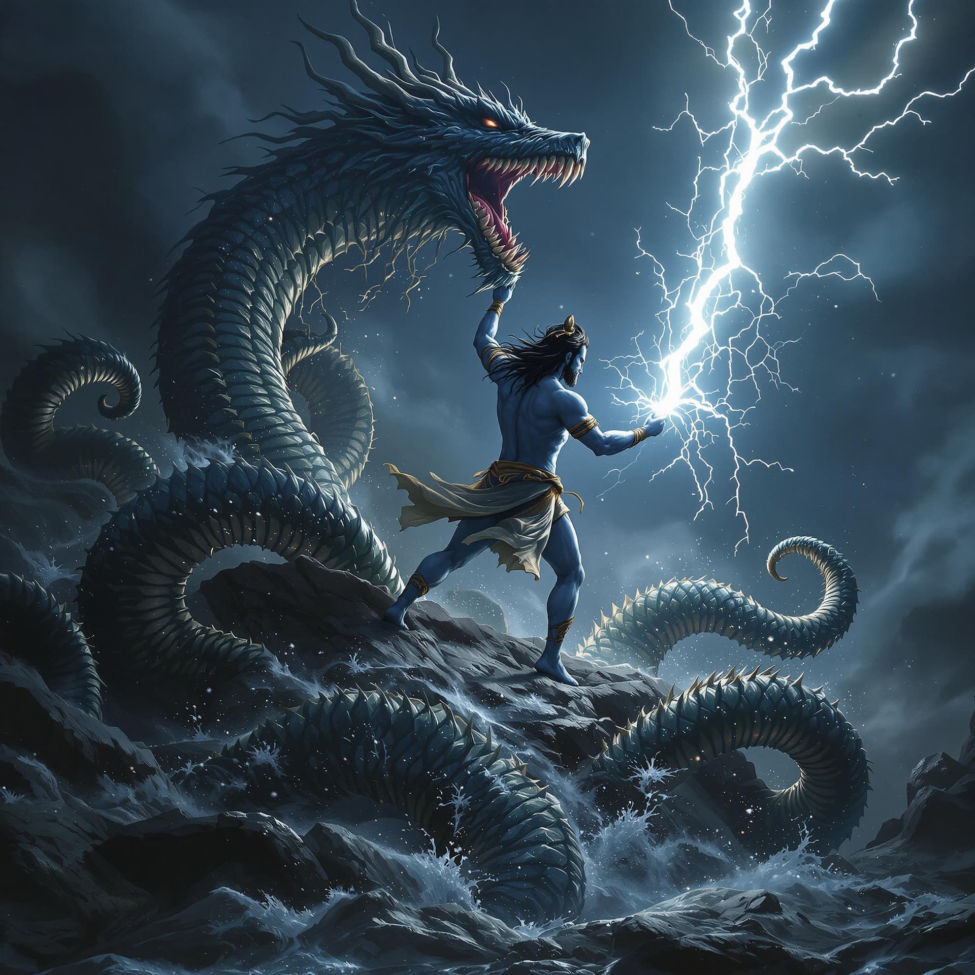 AI generated: Detailed illustration of god Shiva, stand at the gods neptune , divine, Grabbing a bolt of lightning...
