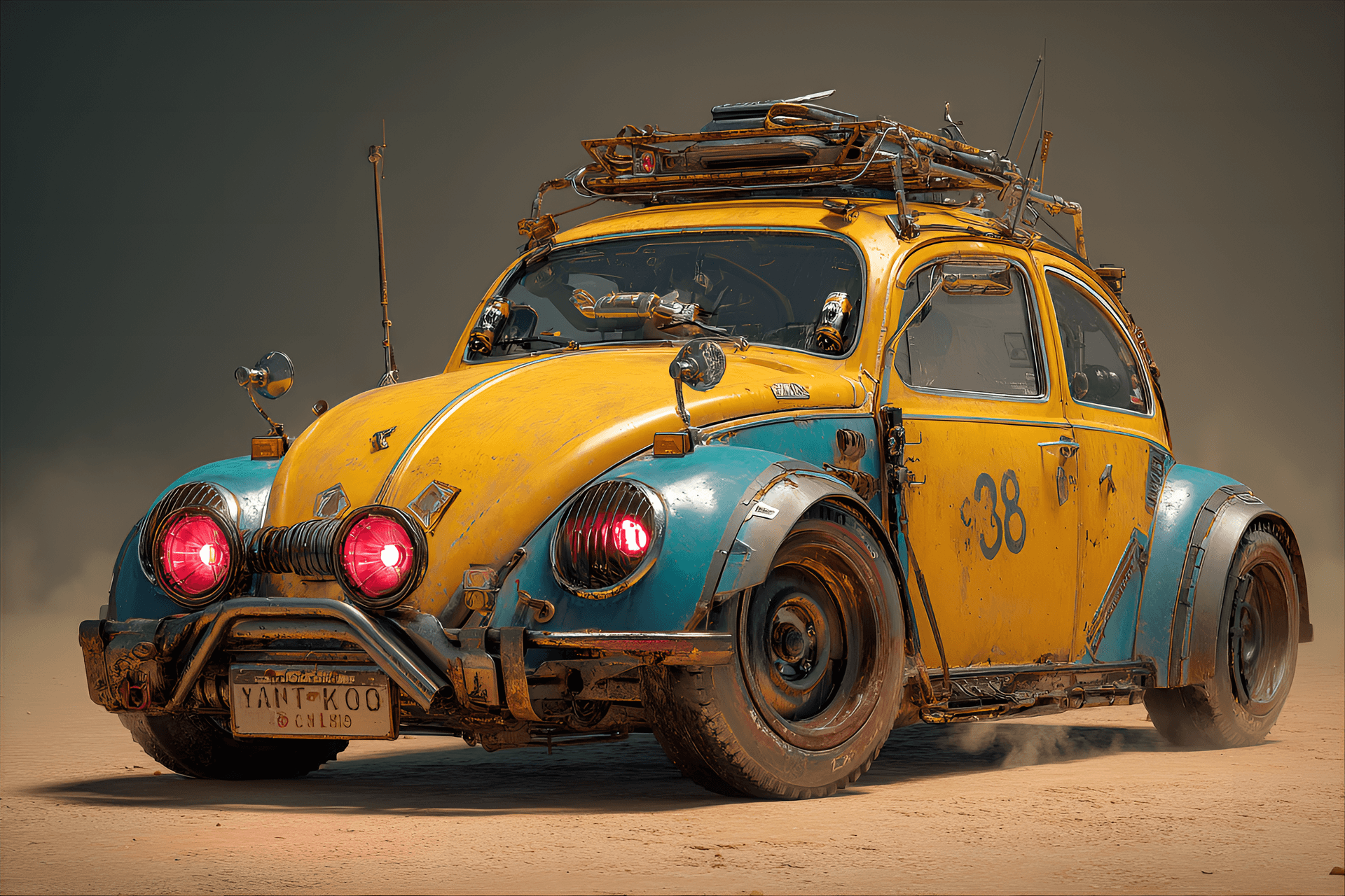 AI generated: Rusty, modified Volkswagen Beetle, front view, heavily customized post-apocalyptic car, vibrant yell...