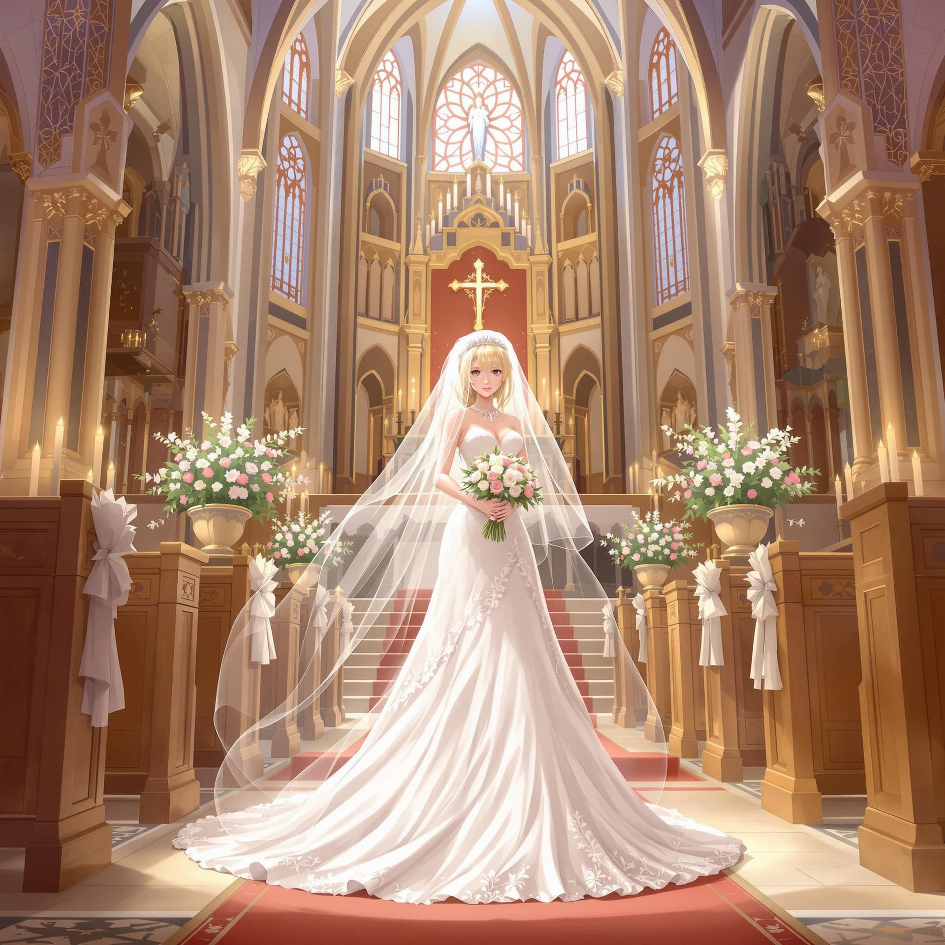 AI generated: 1girl, masterpiece, highres, sonicedges_rias_gremory, ((wedding dress, church, bridal veil, wedding,...