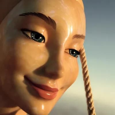 AI generated video:   una cabeza de nacar  redonda de mujer con un solo ojo  con pestañas largas parapadeando y sonriend...