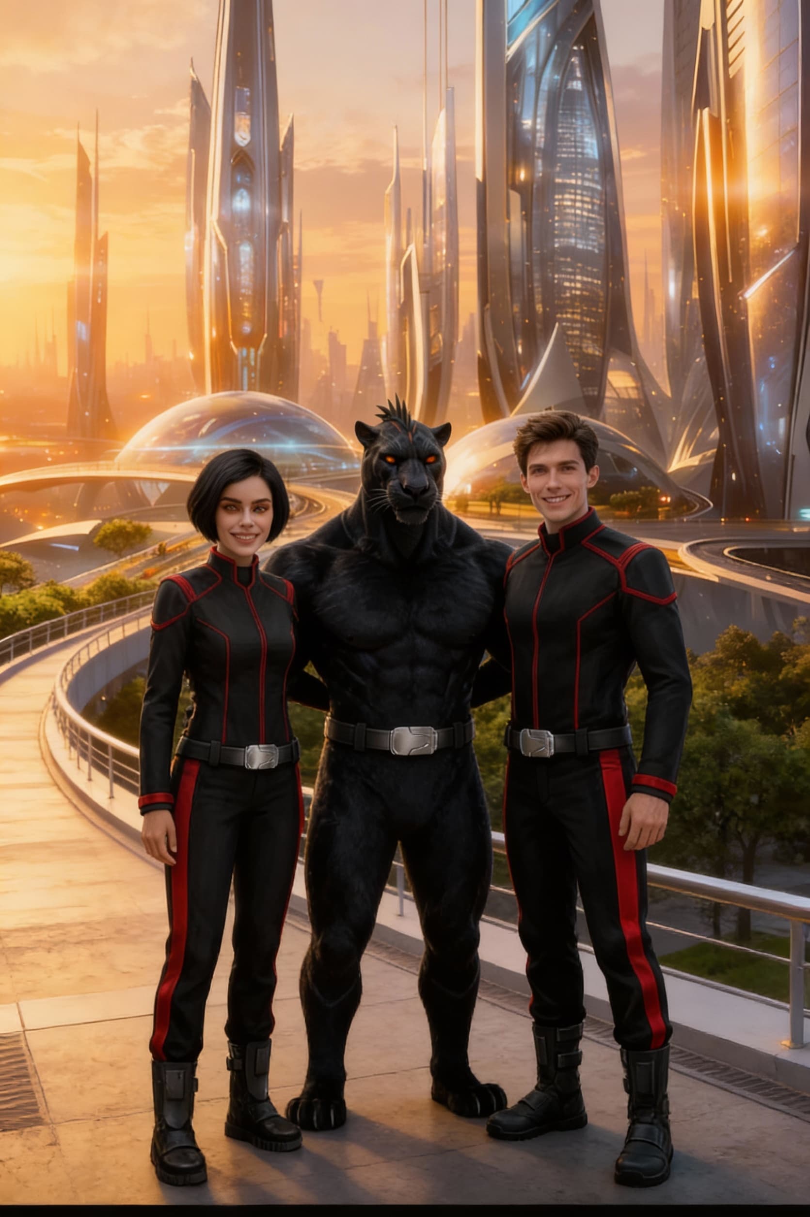 AI generated: Create Sci-Fi images. Use the Female character in reference images 2 and the male characters in refe...