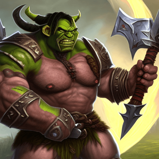 AI generated: World of Warcraft orc warrior, A proud and cunning appearance (Green skin, muscular, glowing red eye...