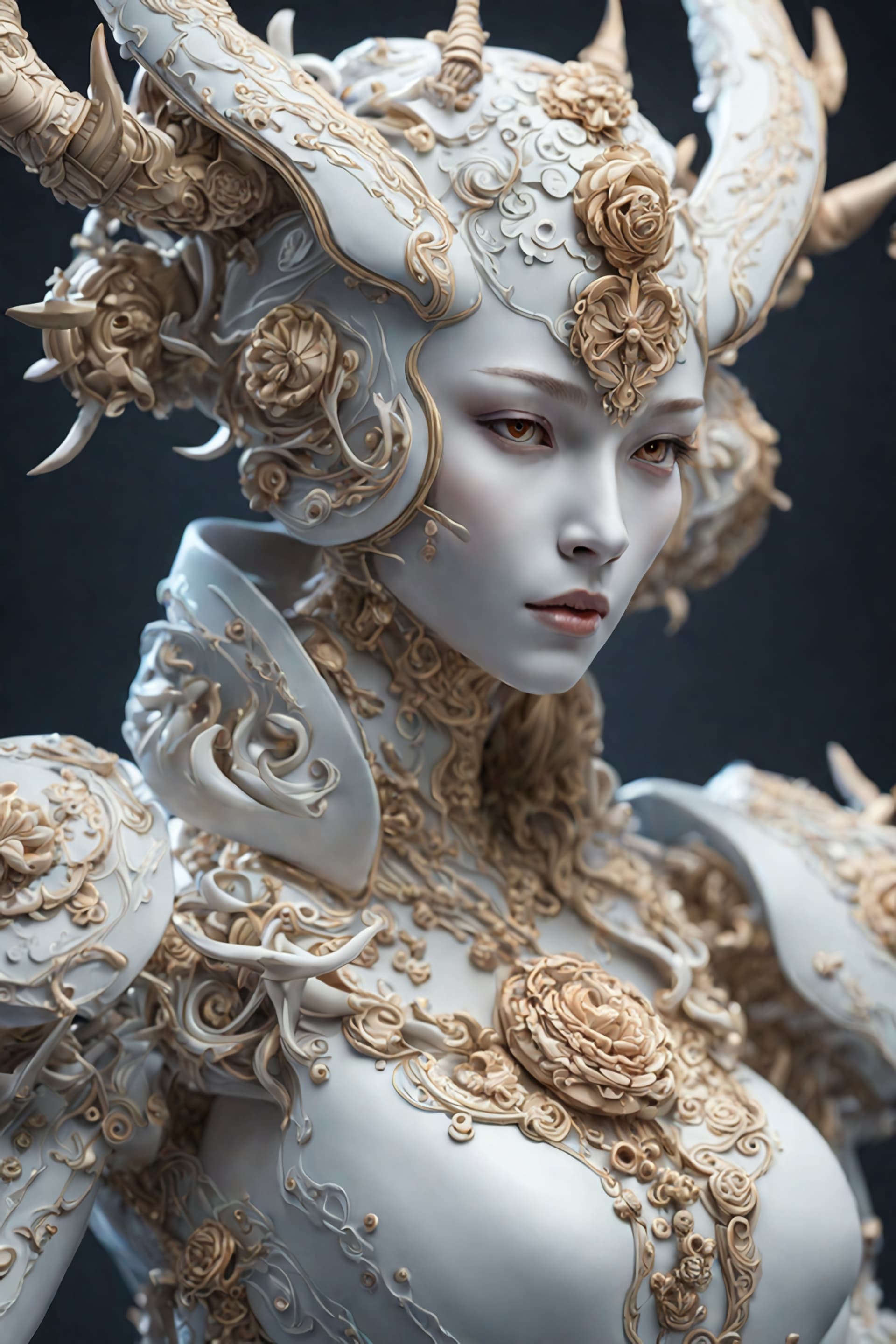 AI generated: Carved porcelain cyborg demons,different full body modelposition, high detailed cinematic background...