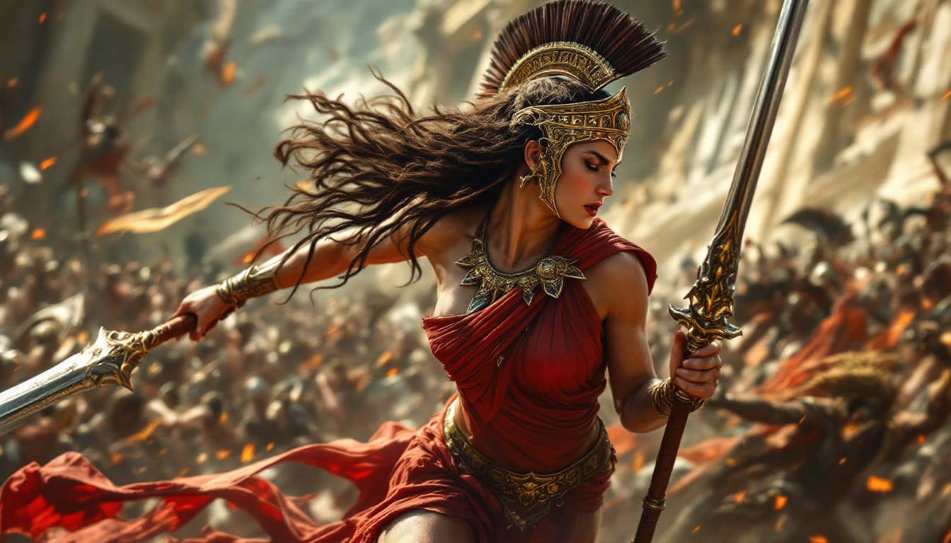 AI generated: A dramatic depiction of Athena, the Greek goddess of wisdom and war, in an intense battle against ot...