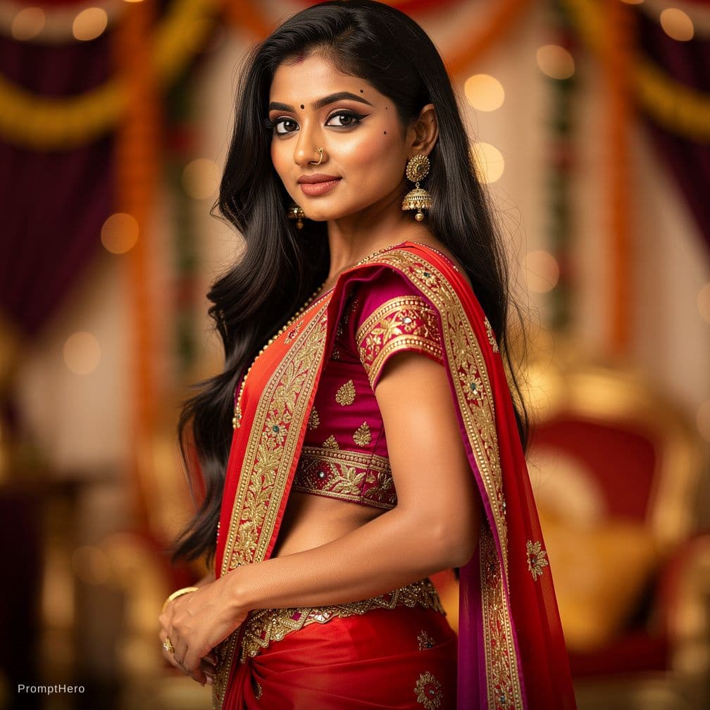 AI generated: A south indian girl named surekha ,20 years old ,wearing a sexy half saree in a function, medium sho...