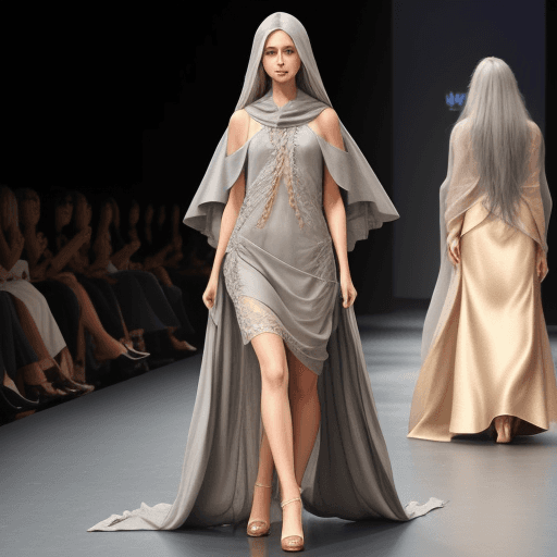 AI generated: Long gray linen hair shawl, catwalk catwalk, wearing a dress, the front skirt is in the shape of an ...