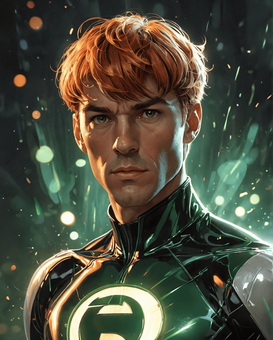AI generated: A close-up portrait of a 40s age male superhero with bowl cut (also called a mushroom cut), light or...