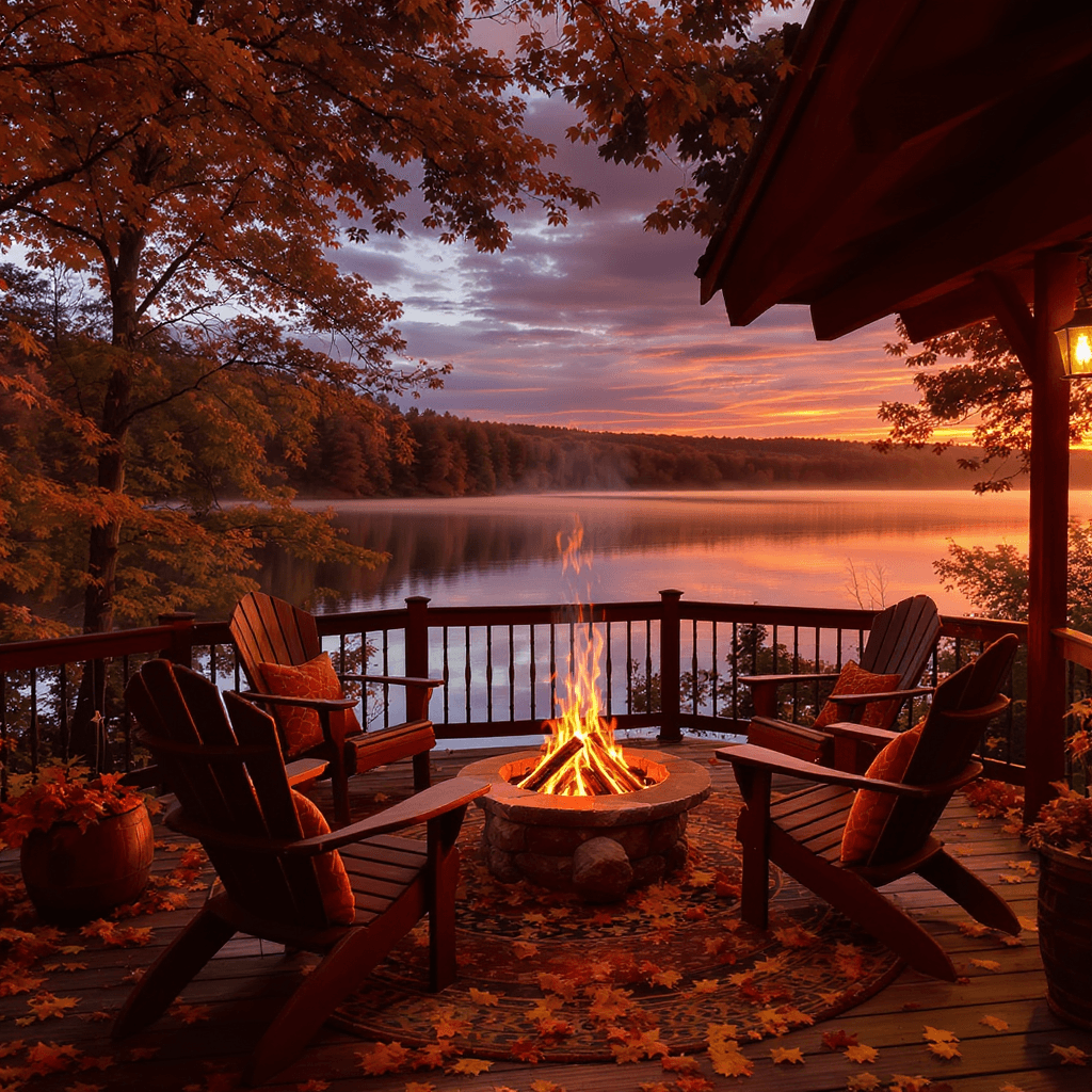 AI generated: arafed porch with chairs and a fire place on a lake, warm beautiful scene, autumn tranquility, cozy ...