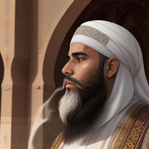AI generated: Muslim sheikh from the side in a mosque with worshipers with a beautiful beard and eyes in the deser...