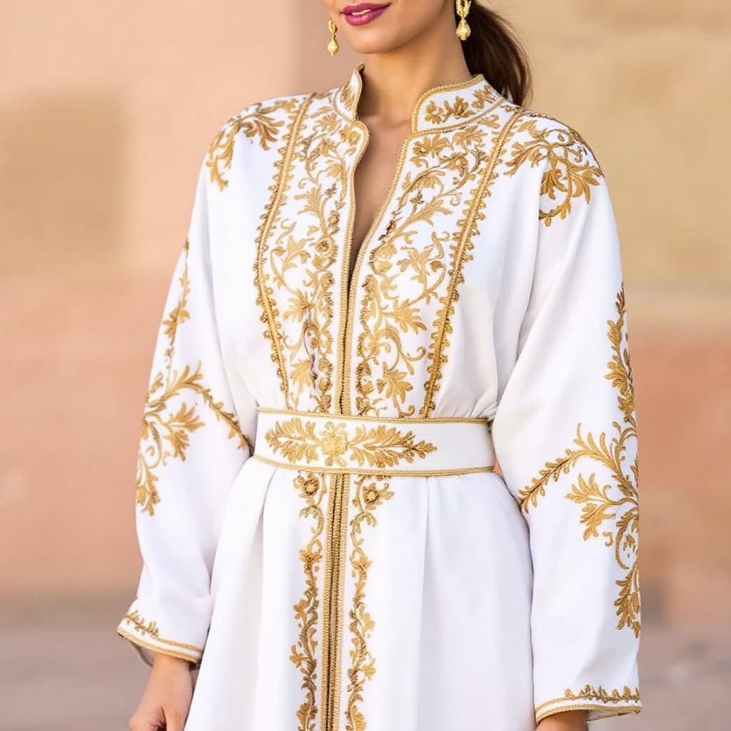 AI generated: A Moroccan woman wearing a traditional Moroccan caftan with detailed gold embroidery and a matching ...