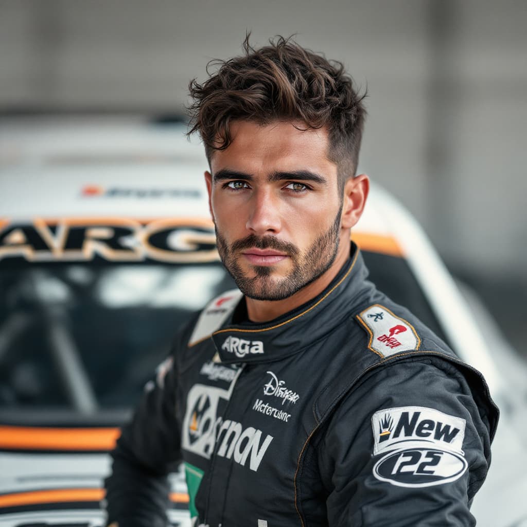 AI generated:  A handsome racer standing in front of his racing car, with name "Arga" on the car's window