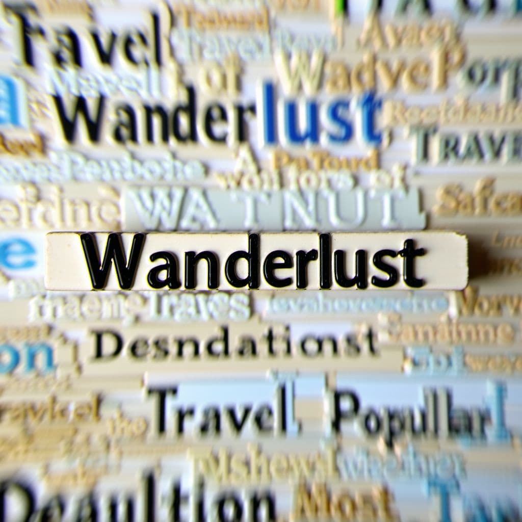 AI generated: Create an image with the word “Wanderlust” in a 3D font, centered prominently. The background should...