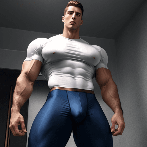 AI generated: A very tall guy outside in extremely extra short and tight underwear and shirt with biceps and shirt...