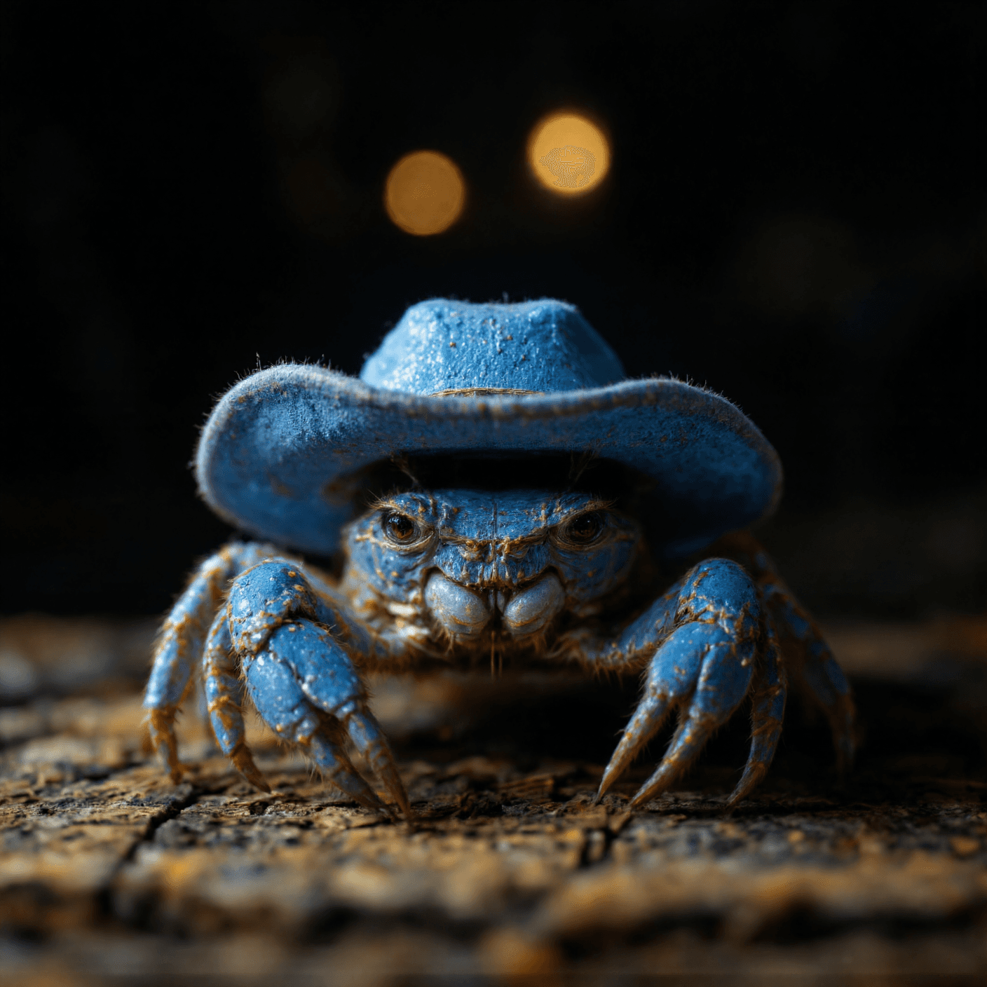 AI generated: 
The image depicts a closeup of a blue crab wearing a light blue cowboy hat. The crab is positioned...