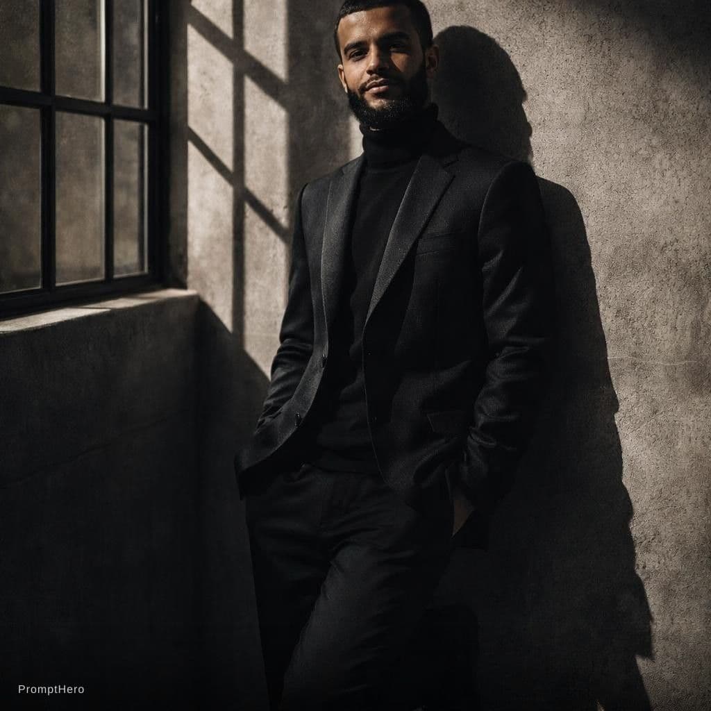 AI generated: this as A man in a tailored black
blazer and turtleneck stands against a
concrete wall. One foot u...