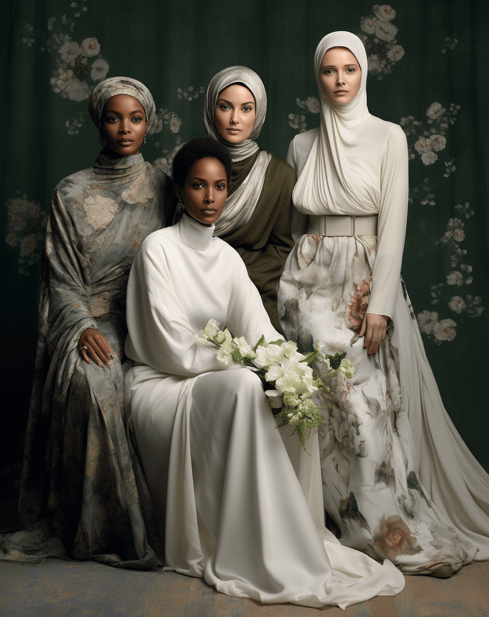 AI generated: A high fashion studio portrait of four diverse models wearing modern and elegant outfits, two standi...