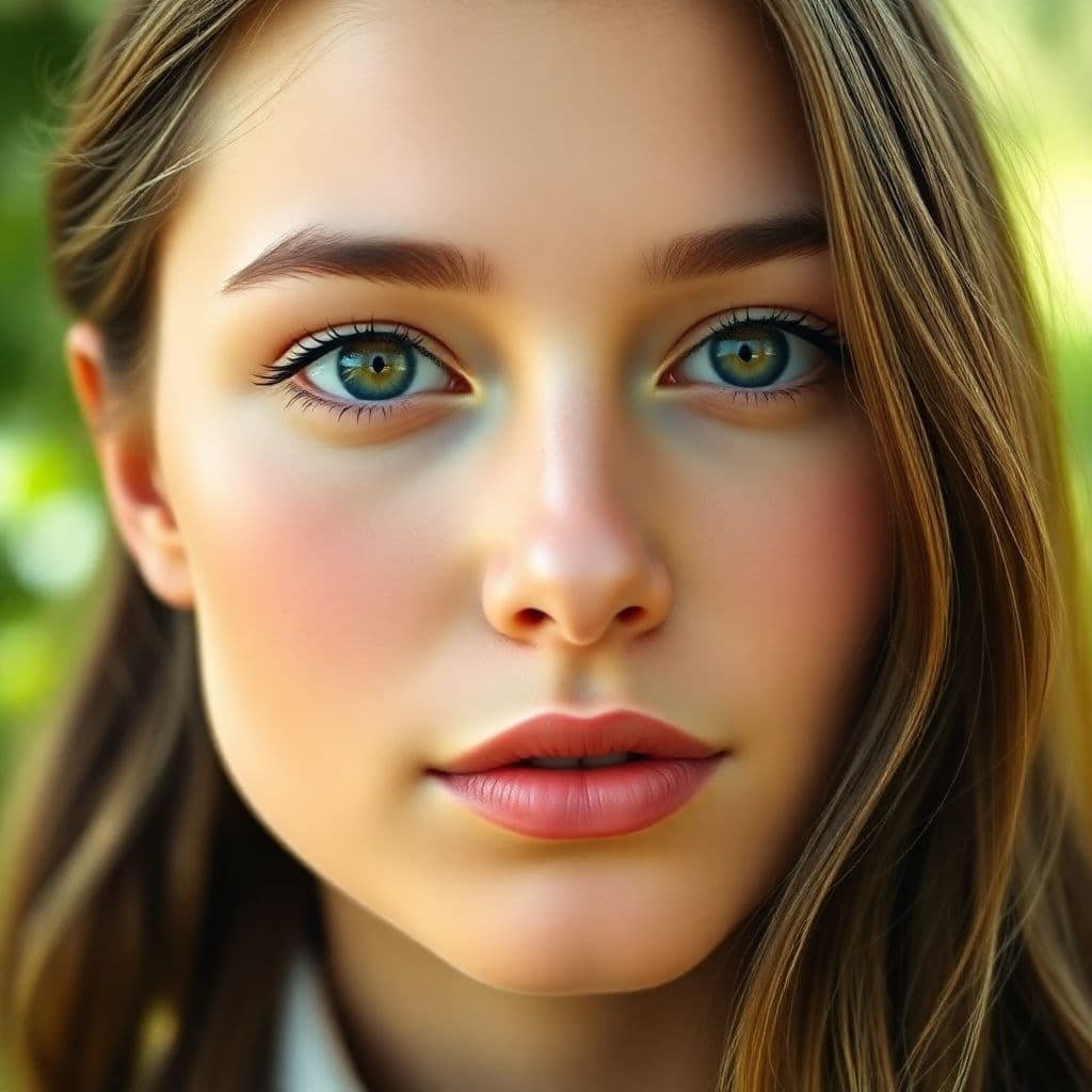 AI generated: "A young woman with a soft, slightly round face shape. Her eyes are medium-sized, calm, and gentle. ...