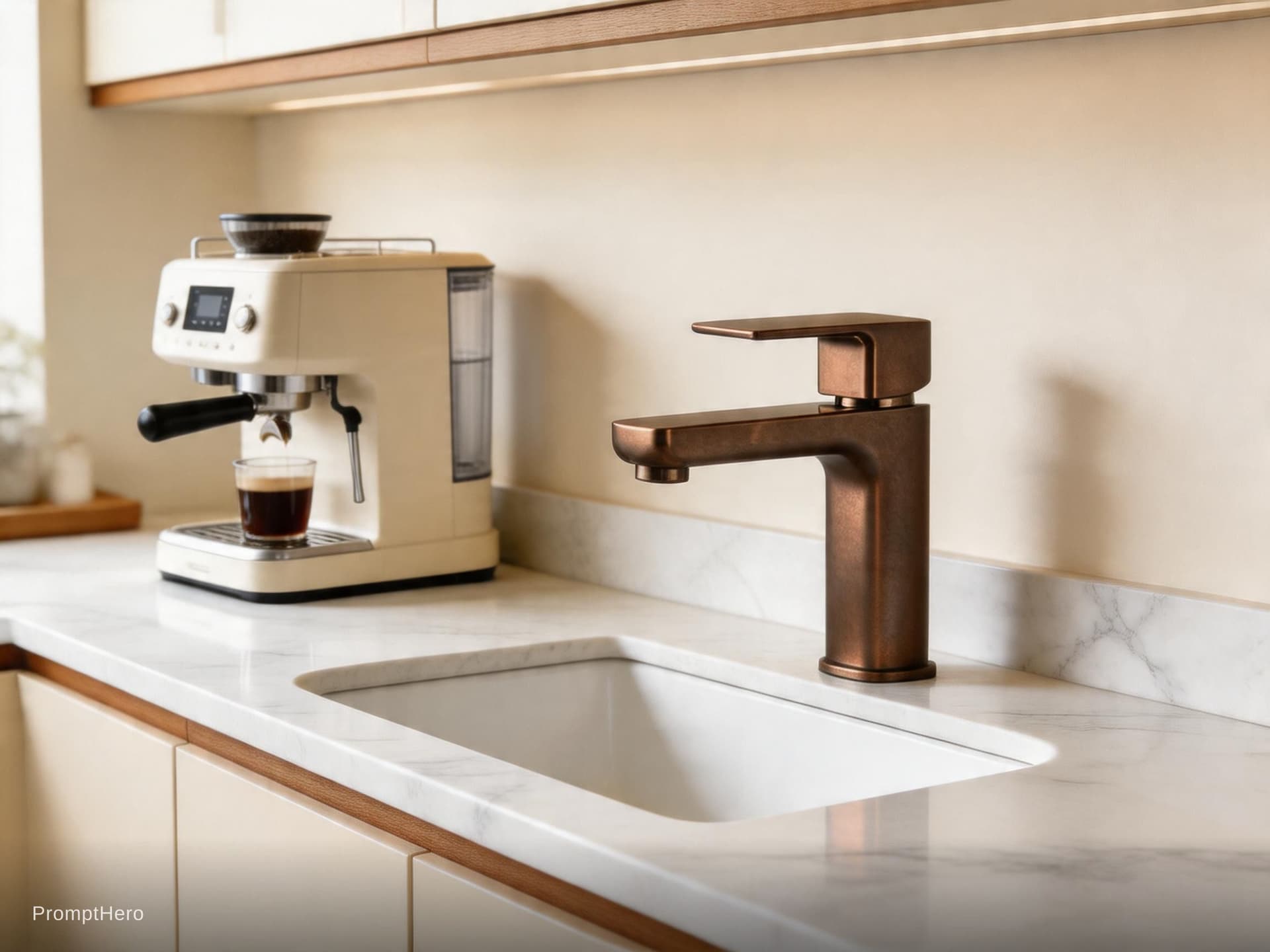 AI generated: modern kitchen, sleek eggshell light beige finishes, with a beige and wood, white marble, EF 24mm f/...