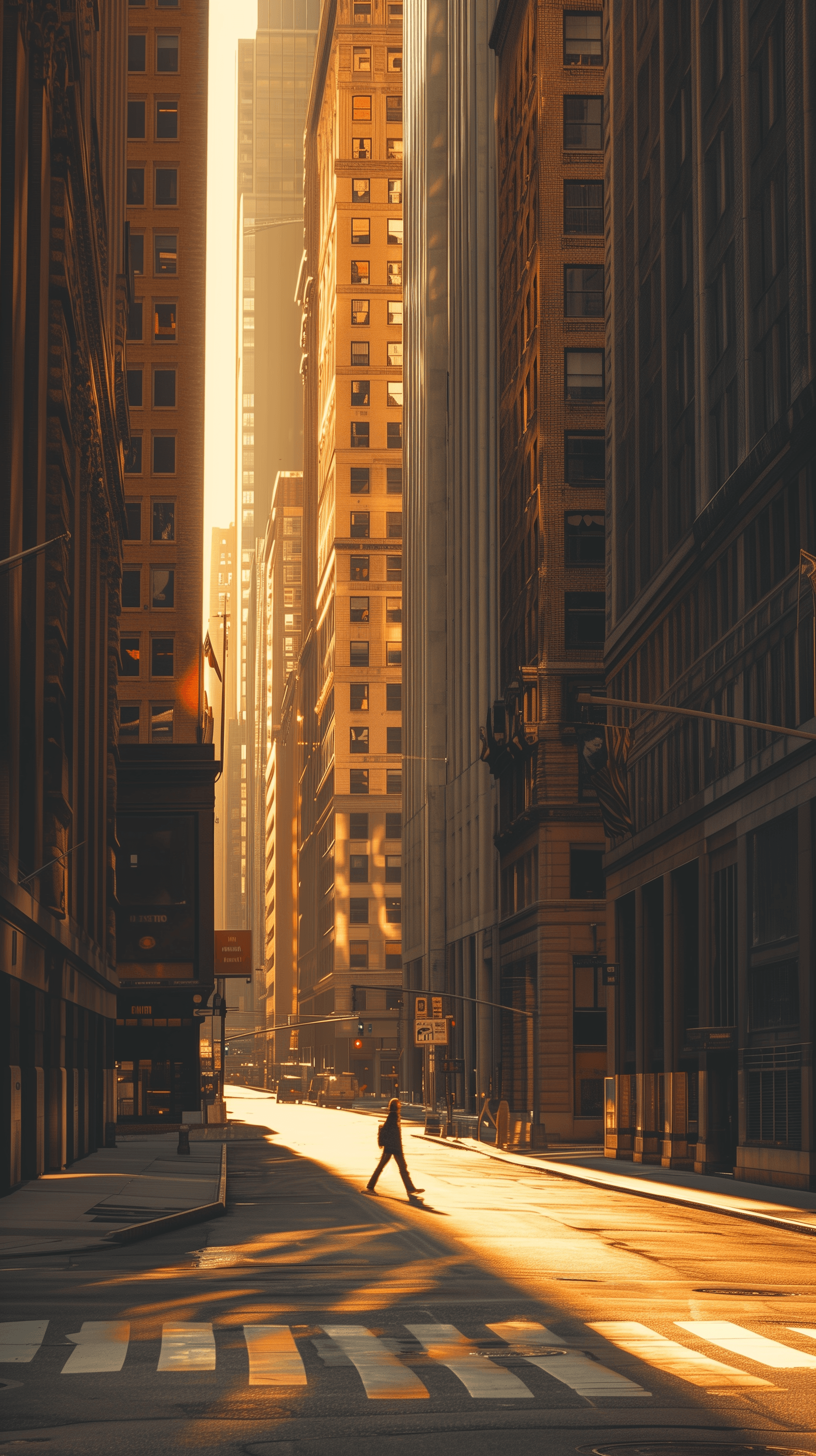 AI generated: tranquil urban street during golden hour, the scene bathed in warm, golden light casting long shadow...