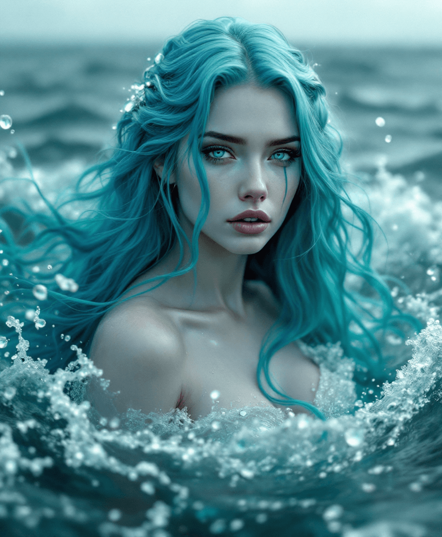 AI generated: A turquoise haired siren emerges from the sea, her extra long turquoise hair and hypnotic light grey...