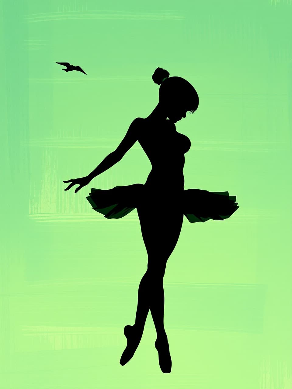 AI generated:  The picture features a silhouette of a ballerina in a graceful pose against a textured green and tu...