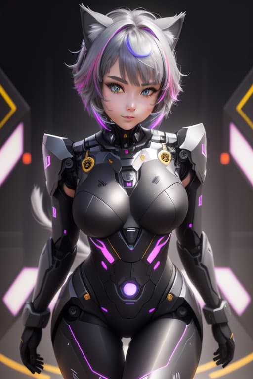 AI generated: full body portrait, robotic catgirl, anime face, robotic cat ears, short holographic hair, robotic c...