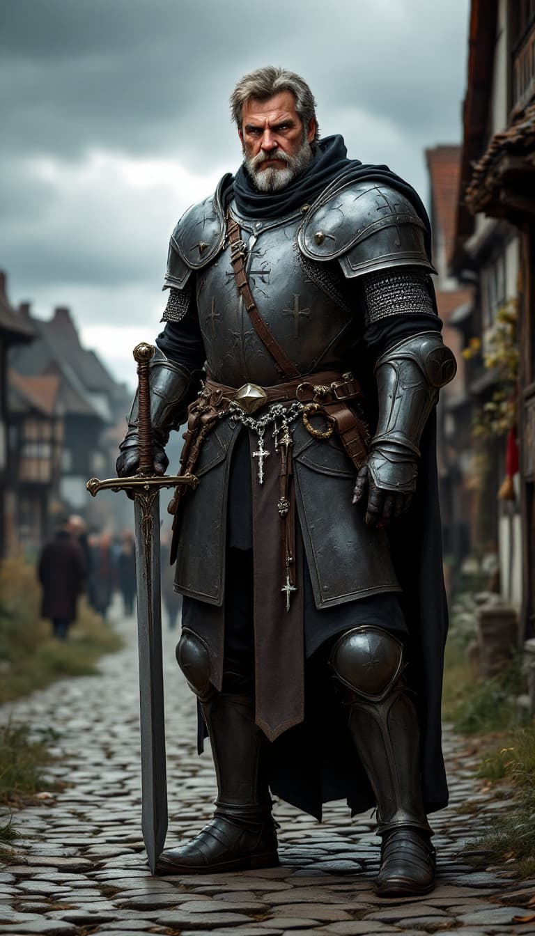 AI generated: "Full-body portrait of Sir Gauthier Reynaud, a strong and imposing captain of the church guard. He i...